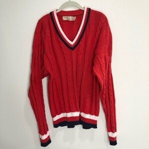 Vintage THE FOX Collection V-neck knit sweater long sleeve cotton red,white